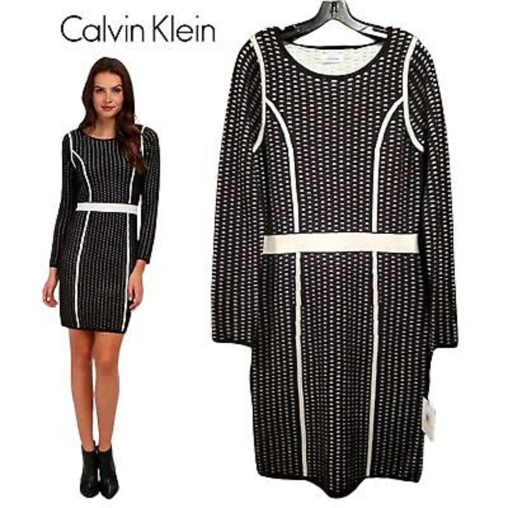 Calvin Klein Long Sleeve Neutral Black & White Sweater Dress
